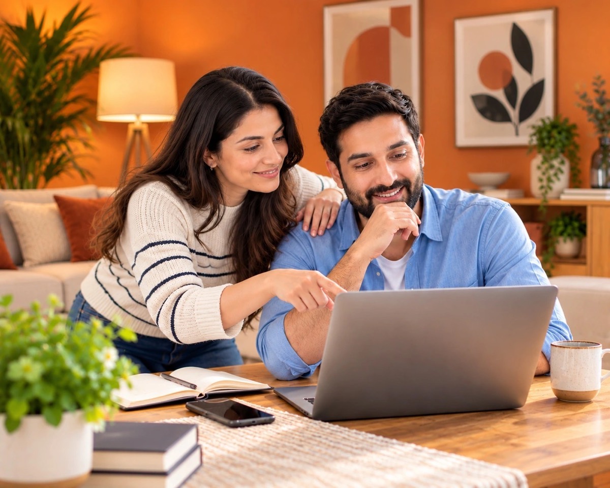 A couple at home, looking through their mortgage options together on a laptop